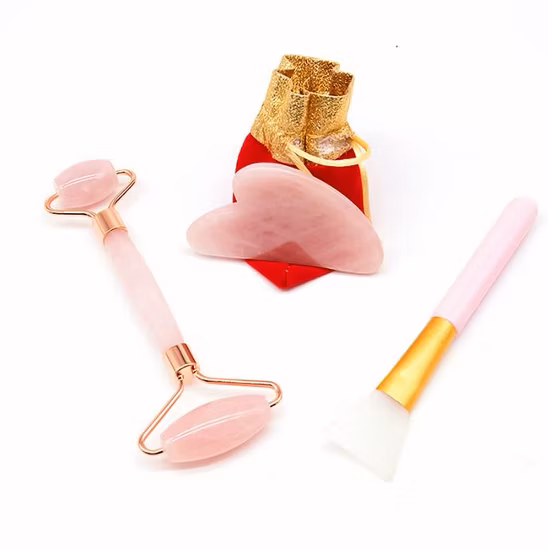 Productos de belleza Rodillo de cuarzo rosa con piedras preciosas Masajeador de jade natural Rodillo de masaje facial de cuarzo rosa